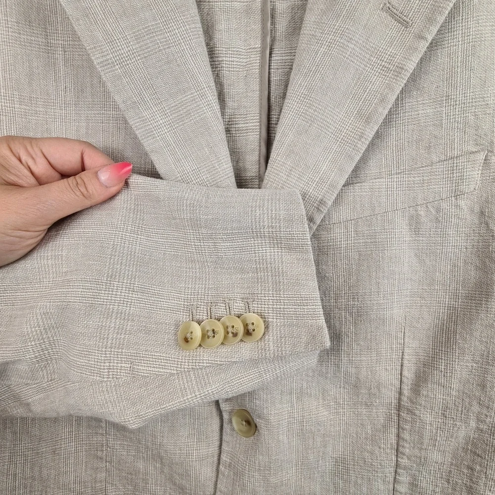 Banana Republic Mens 40S Tailored Linen Blend Glen Plaid Blazer Beige 40 Short